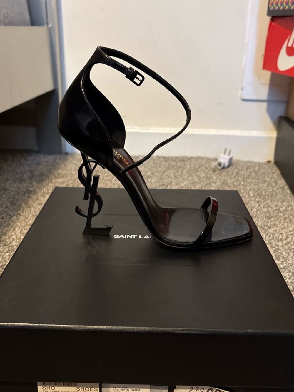 Saint Laurent Black Patent Logo-Heel Ankle-Strap Sandal